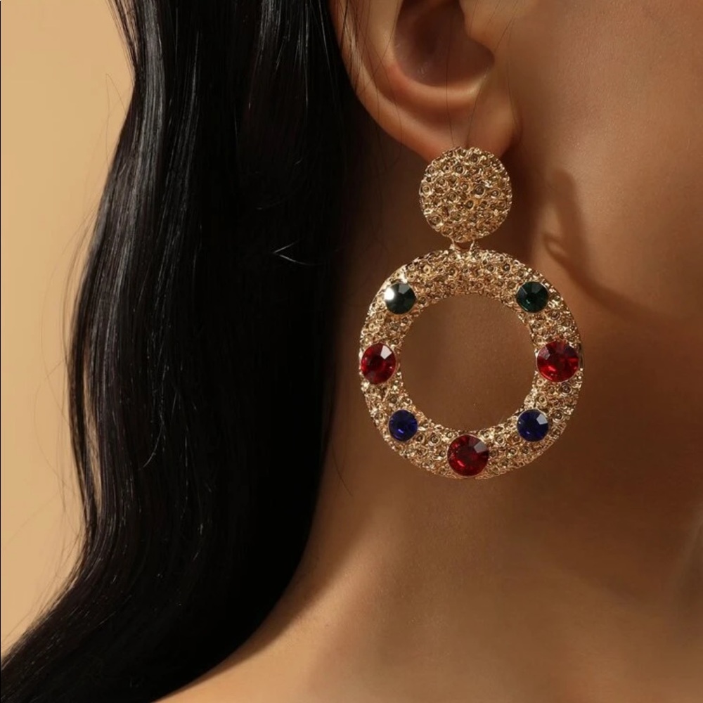 Gold Round Drop Earrings with Rhinestones